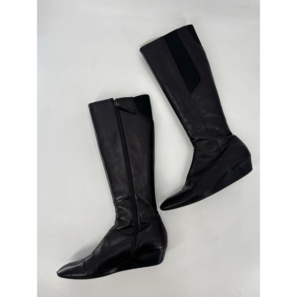 Prada Boots Womens 39 Black Leather Knee High Zip Up Wedge Elastic Nylon Panel - Picture 2 of 14